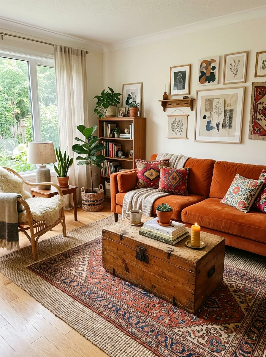 Real-life photograph of a cozy living room with an orange couch and a neatly layered vintage-pattern rug over a plain jute base rug, with a wooden trunk used as a coffee table. Clean, organized, beautifully arranged eclectic styling, bright natural light, vibrant warm color palette, authentic stock photography, no people.