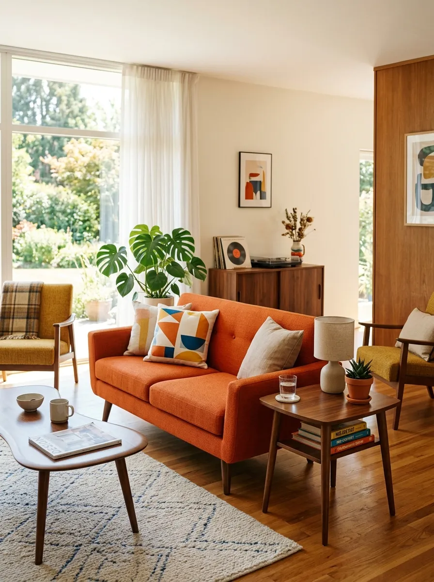 Real-life photograph of a mid-century modern living room with an orange couch featuring tapered wooden legs, neatly arranged beside a walnut side table and a geometric patterned cushion. Clean, organized, beautifully styled retro decor, bright natural light, vibrant warm orange tones, authentic stock photography, no people.