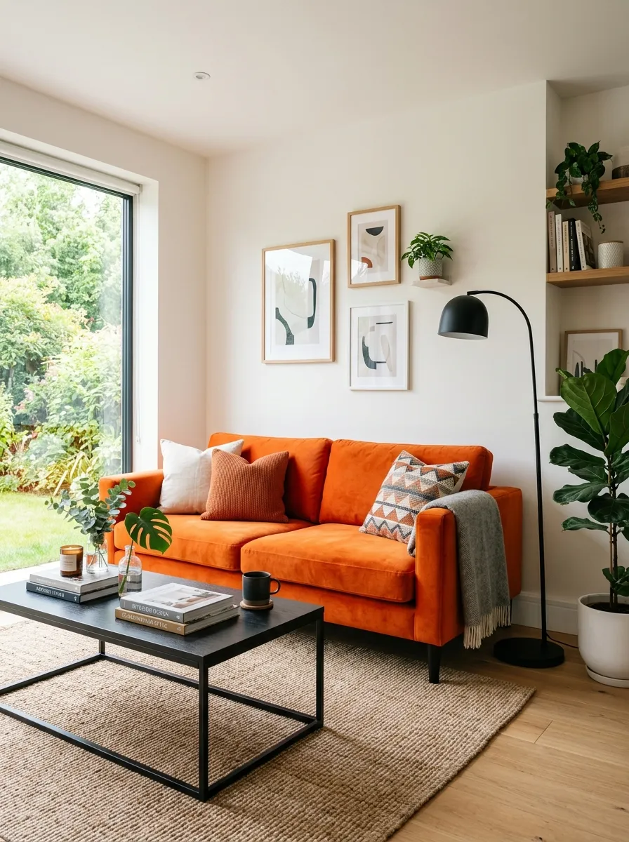 Real-life photograph of a modern living room with a vibrant orange couch, a neatly arranged black metal coffee table, and a matte black floor lamp beside it. Clean, organized, beautifully styled contrast, bright natural window light, vibrant bold orange tones, authentic stock photography, no people, high resolution.