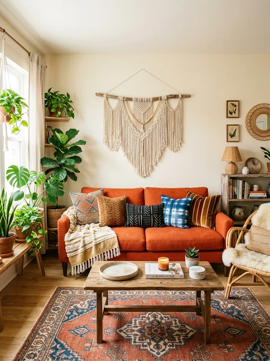 Real-life photograph of a bohemian living room with an orange couch neatly layered with patterned cushions and a fringed throw blanket, with a macrame wall hanging above. Clean, organized, beautifully arranged boho styling, bright natural light, vibrant warm color palette, authentic stock photography, no people.