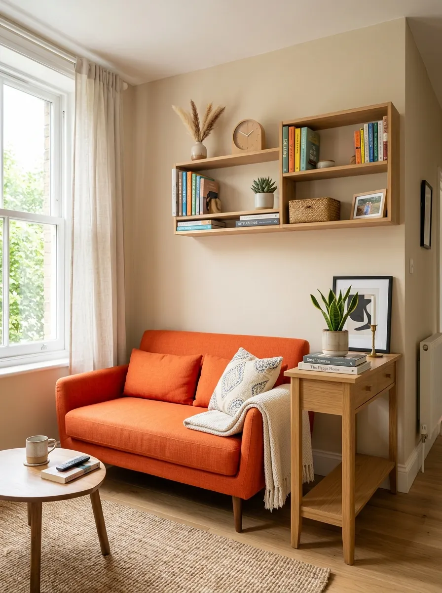 Real-life photograph of a compact apartment living room with a small orange loveseat, neatly arranged beside a slim wooden console table and wall-mounted shelves. Clean, organized, beautifully styled small space, bright natural light, vibrant orange color, authentic stock photography, no people, high detail.