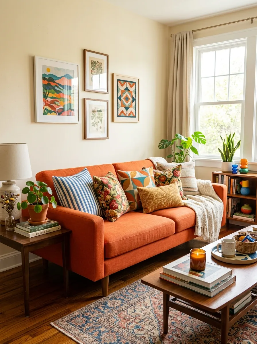 Real-life photograph of a cozy living room with an orange couch neatly styled with a mix of striped, floral, and geometric patterned throw pillows. Clean, organized, beautifully arranged playful decor, bright natural light, vibrant warm tones with pops of color, authentic stock photography, no people.