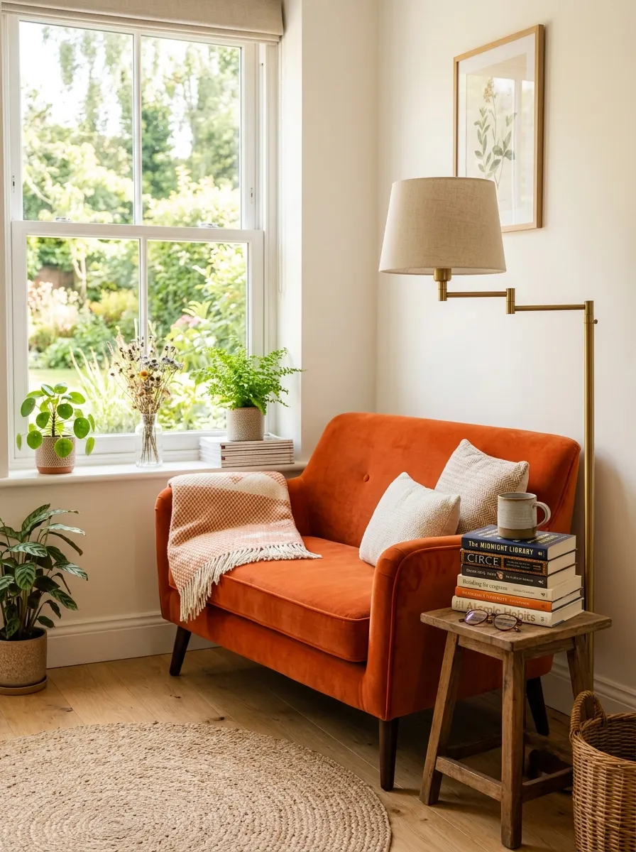 Real-life photograph of a cozy reading nook with a small orange couch positioned near a window, neatly arranged with a floor lamp, a stack of books on a side table, and a folded throw blanket. Clean, organized, beautifully styled corner, bright natural light, vibrant warm orange tones, authentic stock photography, no people.