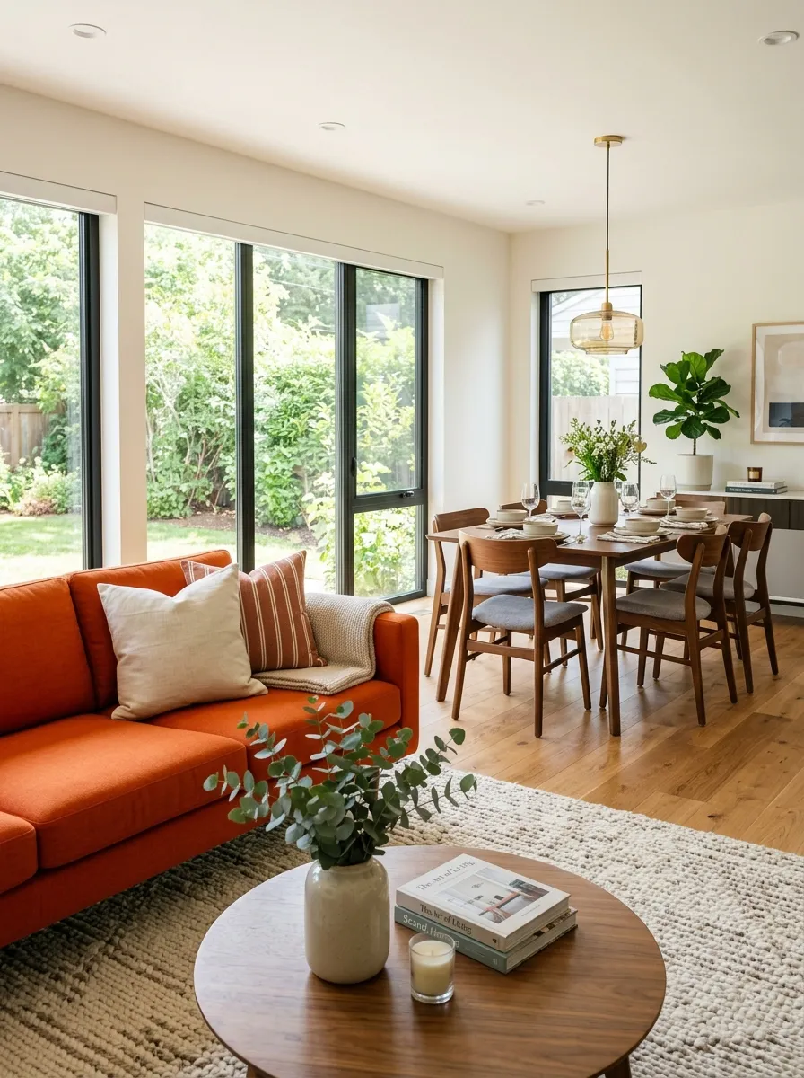 Real-life photograph of an open-concept living and dining space with an orange couch neatly positioned on a defined area rug, facing a wooden dining table in the background. Clean, organized, beautifully arranged open floor plan, bright natural light, vibrant orange accent, authentic stock photography, no people.