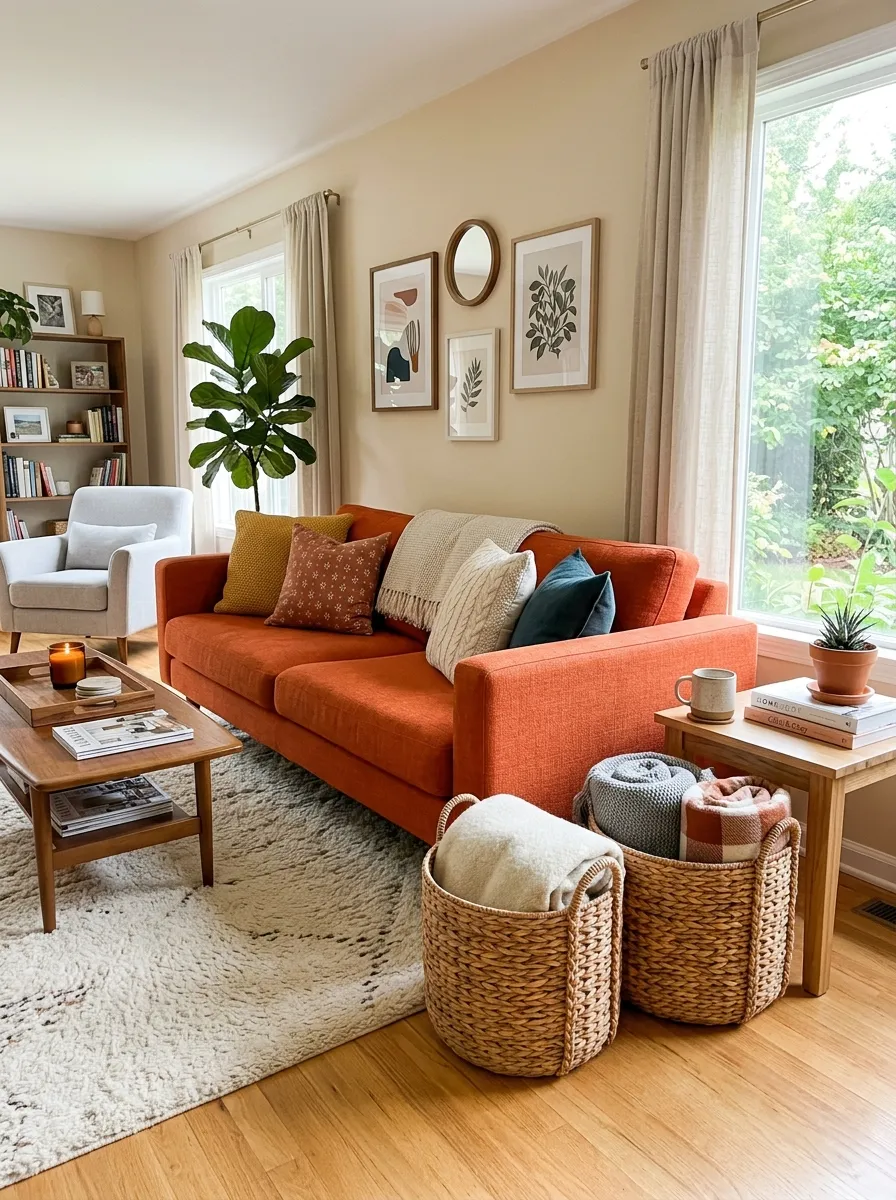 Real-life photograph of a tidy living room with an orange couch, neatly arranged woven storage baskets tucked beside it holding folded blankets. Clean, organized, beautifully styled practical decor, bright natural light, vibrant warm tones, authentic stock photography, no people, high detail.
