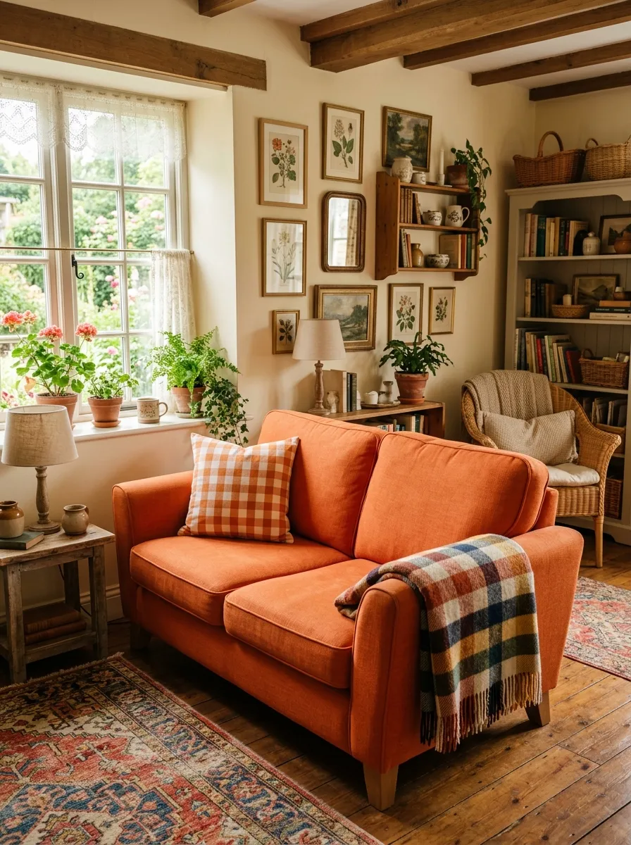 Real-life photograph of a charming living room with an orange couch neatly styled with a gingham checkered throw pillow and a folded checkered blanket draped over the arm. Clean, organized, beautifully arranged cottagecore styling, bright natural light, vibrant warm color palette, authentic stock photography, no people.