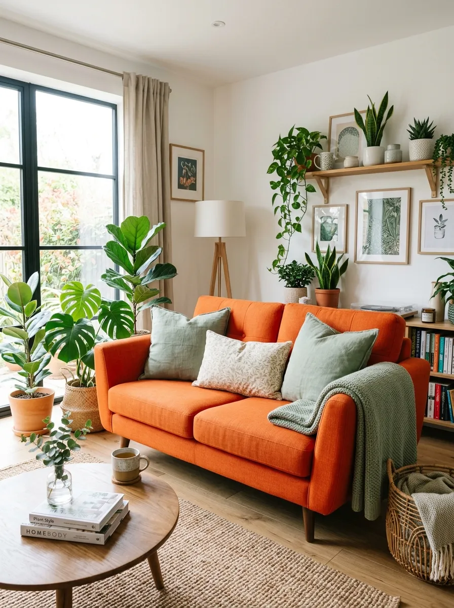 Real-life photograph of a bright living room featuring an orange couch neatly styled with sage green throw pillows and a folded green blanket, surrounded by neatly arranged potted plants. Clean, organized, beautifully arranged home decor, bright natural window light, vibrant color contrast between orange and green, candid stock photography style, no people.