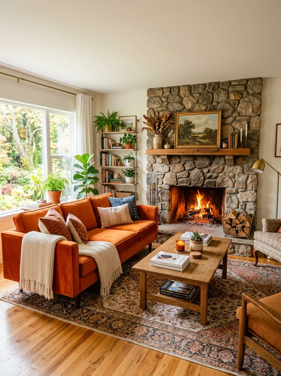 Real-life photograph of a cozy living room with an orange couch neatly positioned facing a stone fireplace, with a low wooden coffee table between them. Clean, organized, beautifully arranged cozy styling, bright natural light, vibrant warm orange tones, authentic stock photography, no people.