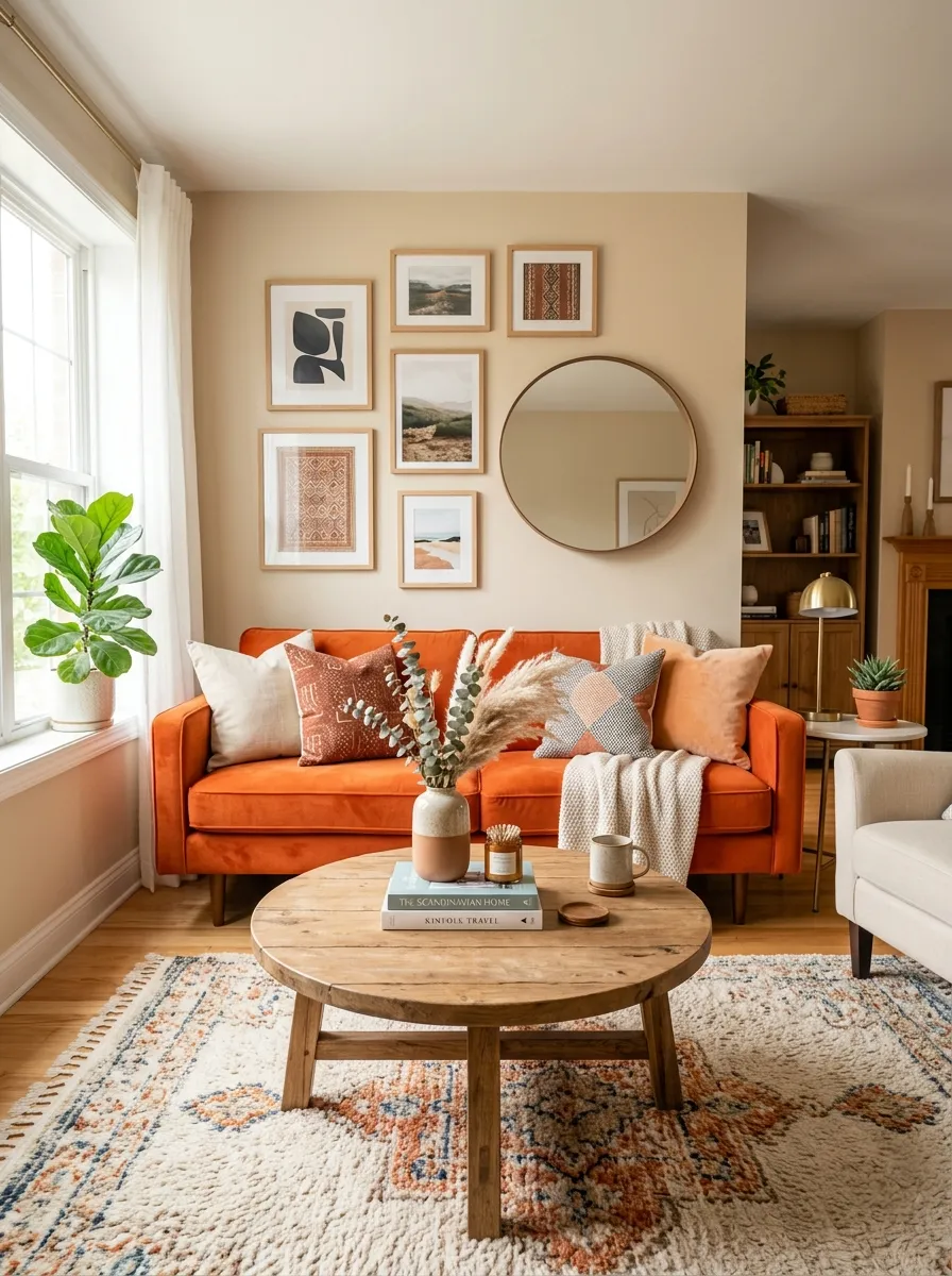 Real-life photograph of a living room with an orange couch and a neatly arranged round wooden coffee table in front of it. Clean, organized, beautifully styled soft layout, bright natural light, vibrant warm orange tones, authentic stock photography, no people, high resolution.