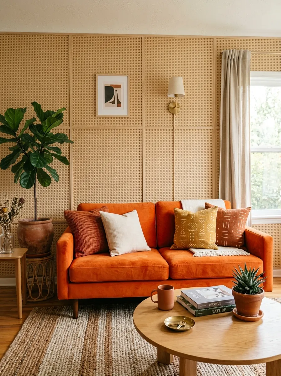 Real-life photograph of a living room with an orange couch positioned in front of a neatly arranged wicker cane panel backdrop on the wall. Clean, organized, beautifully styled textured wall, bright natural light, vibrant warm orange tones, authentic stock photography, no people.