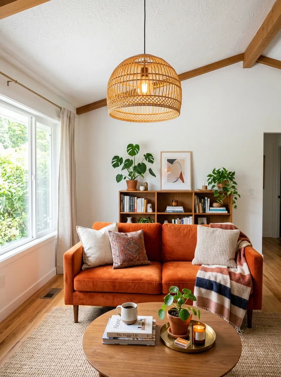 Real-life photograph of a living room with an orange couch beneath a neatly arranged rattan pendant light fixture hanging from the ceiling. Clean, organized, beautifully styled lighting detail, bright natural light mixed with warm fixture glow, vibrant orange tones, authentic stock photography, no people.