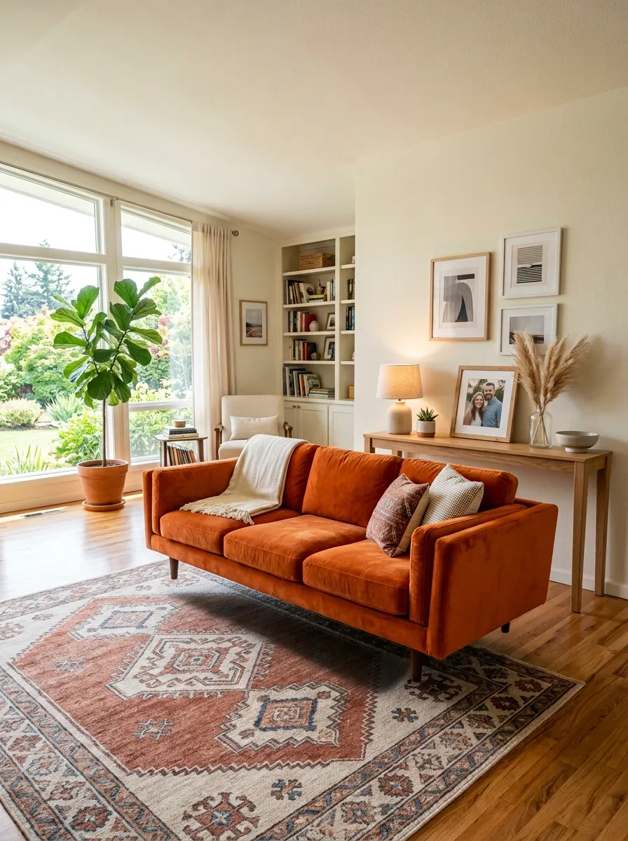 Real-life photograph of a living room with an orange couch floating in the room, a neatly arranged slim wooden console table positioned behind it with a small lamp and framed photo. Clean, organized, beautifully styled functional layout, bright natural light, vibrant orange tones, authentic stock photography, no people.