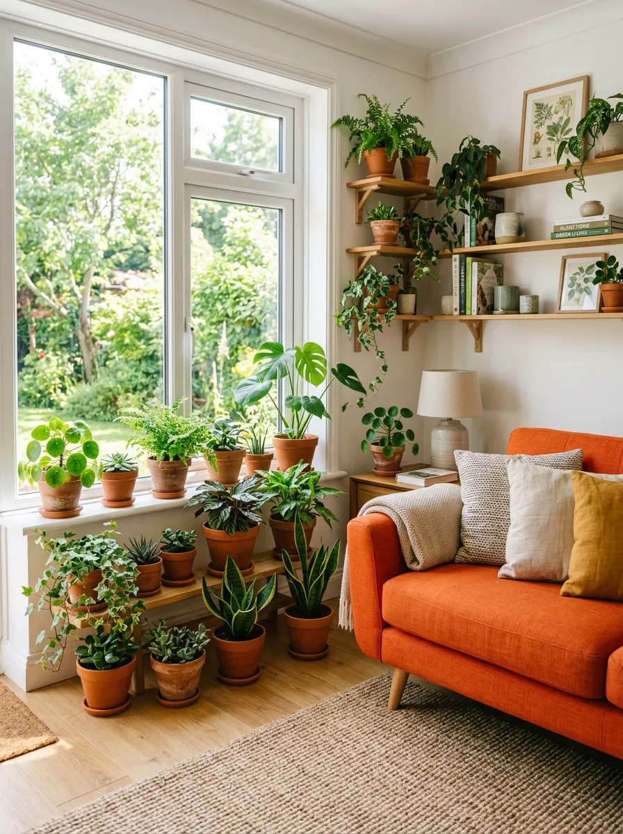 Real-life photograph of a bright living room with an orange couch near a window, surrounded by neatly arranged terracotta pots with varying green plants. Clean, organized, beautifully styled greenery display, bright natural light, vibrant orange and green color contrast, authentic stock photography, no people.