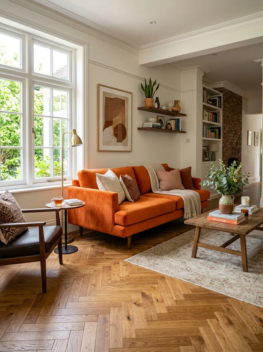 Real-life photograph of a living room with an orange couch sitting on a neatly arranged herringbone patterned wood floor. Clean, organized, beautifully styled architectural detail, bright natural light, vibrant warm orange tones, authentic stock photography, no people, high resolution.