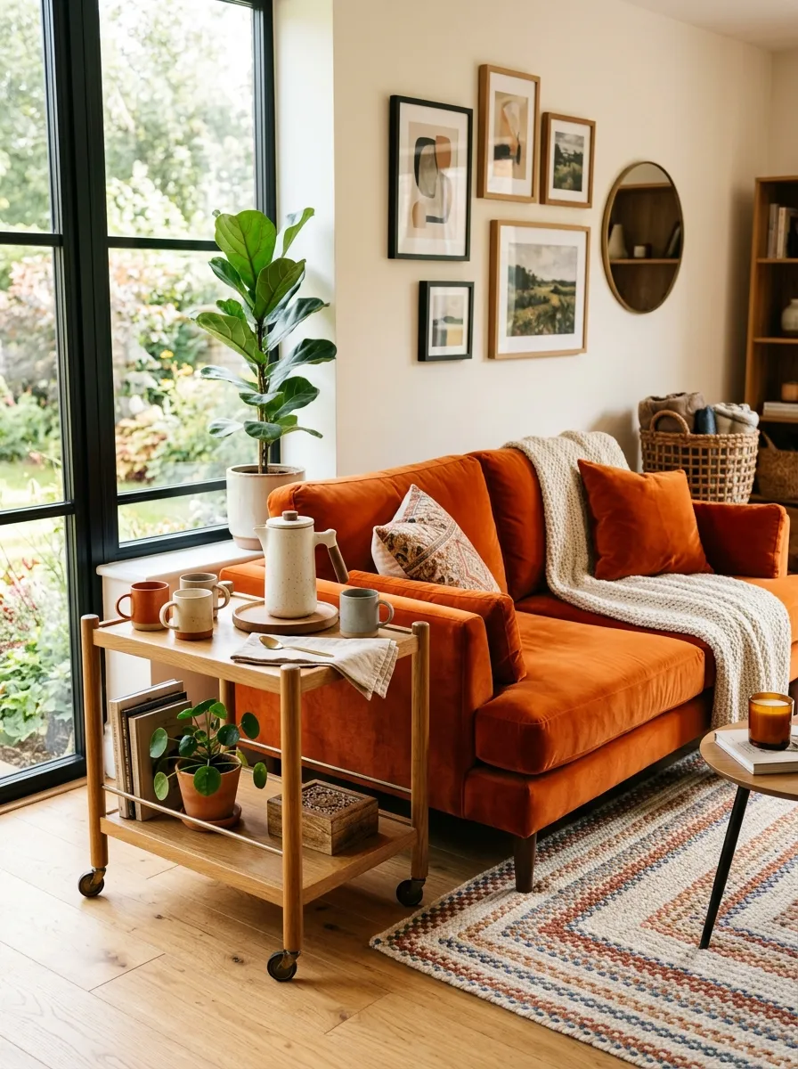 Real-life photograph of a living room with an orange couch beside a neatly arranged small wooden bar cart holding a coffee pot and mugs. Clean, organized, beautifully styled cozy corner, bright natural light, vibrant warm orange tones, authentic stock photography, no people.