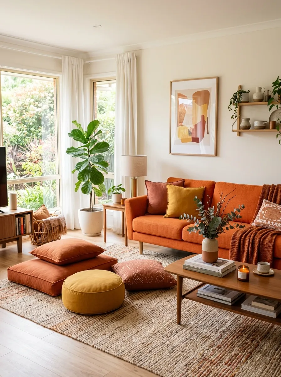 Real-life photograph of a living room with an orange couch and neatly arranged floor cushions in matching warm tones placed nearby on the rug. Clean, organized, beautifully styled flexible seating, bright natural light, vibrant warm orange color palette, authentic stock photography, no people.