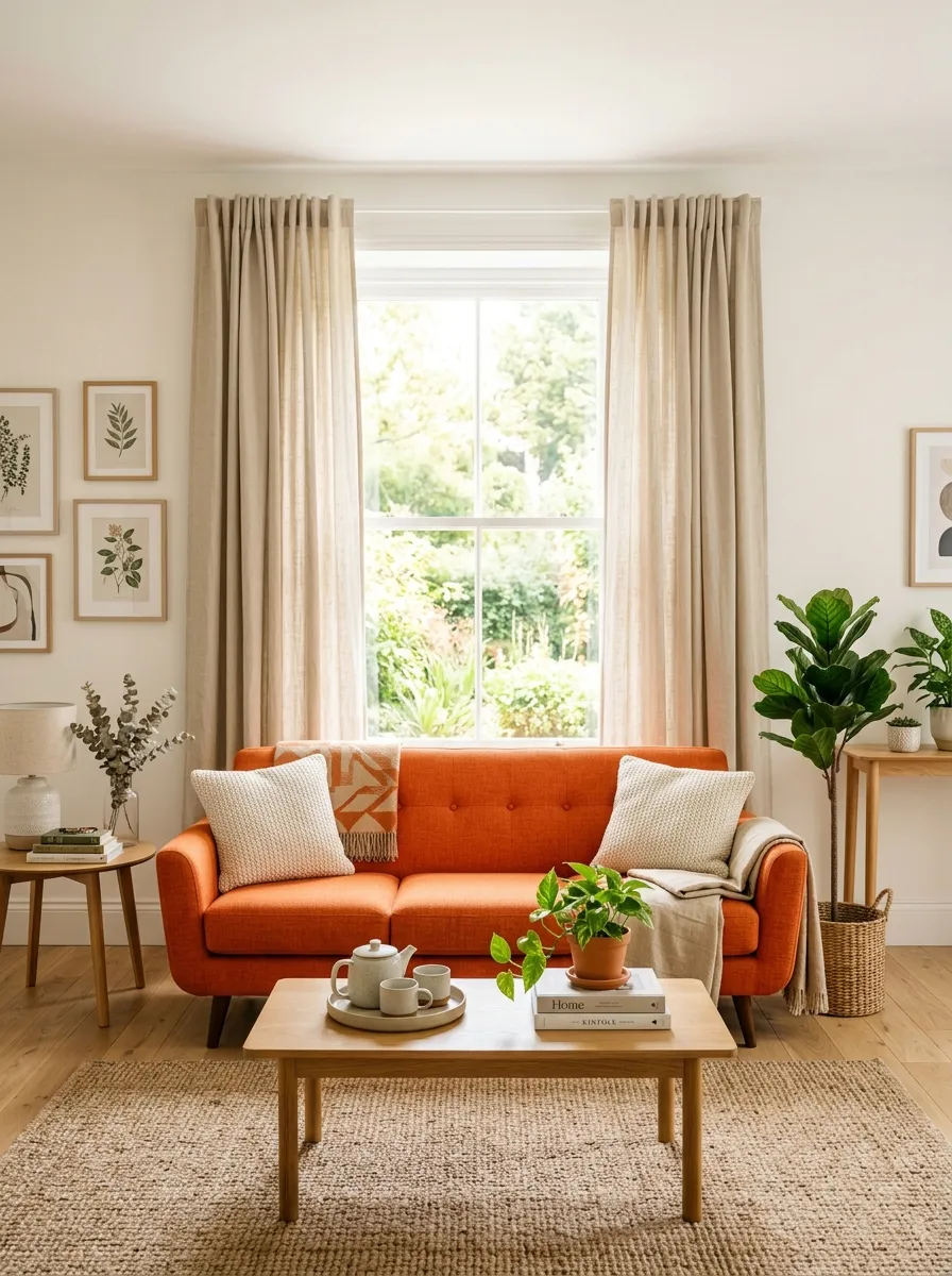 Real-life photograph of a living room with an orange couch positioned in front of neatly arranged floor-length neutral linen curtains near a window. Clean, organized, beautifully styled soft backdrop, bright natural light, vibrant orange tones against neutral fabric, authentic stock photography, no people.