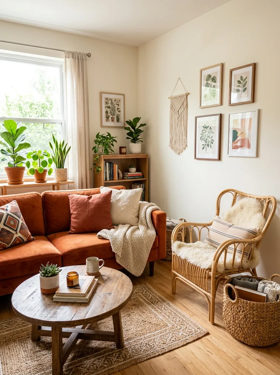 Real-life stock photograph of a small living room with a terracotta orange sofa, a neatly arranged rattan armchair and woven storage basket beside it. Clean, organized, beautifully styled space with bright natural daylight, vibrant warm tones, cozy boho aesthetic, authentic home photography, no people, high detail.