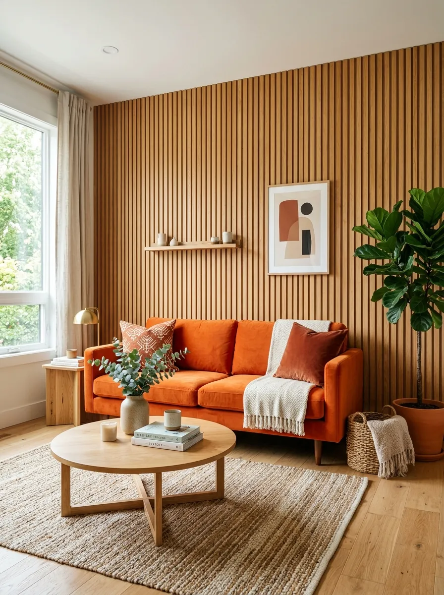 Real-life photograph of a living room with an orange couch positioned against a neatly arranged wood slat accent wall. Clean, organized, beautifully styled natural wood texture, bright natural light, vibrant warm orange and wood tones, authentic stock photography, no people, high resolution.