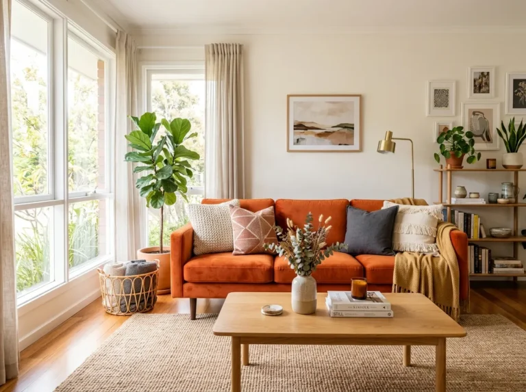 Real-life interior photograph of a beautifully styled living room featuring a vibrant orange couch as the centerpiece, neatly arranged with textured throw pillows, a wooden coffee table, and a jute rug. Clean, organized, beautifully arranged decor, bright natural light streaming through large windows, vibrant warm color palette, authentic stock photography style, no people, Pinterest-ready aesthetic.