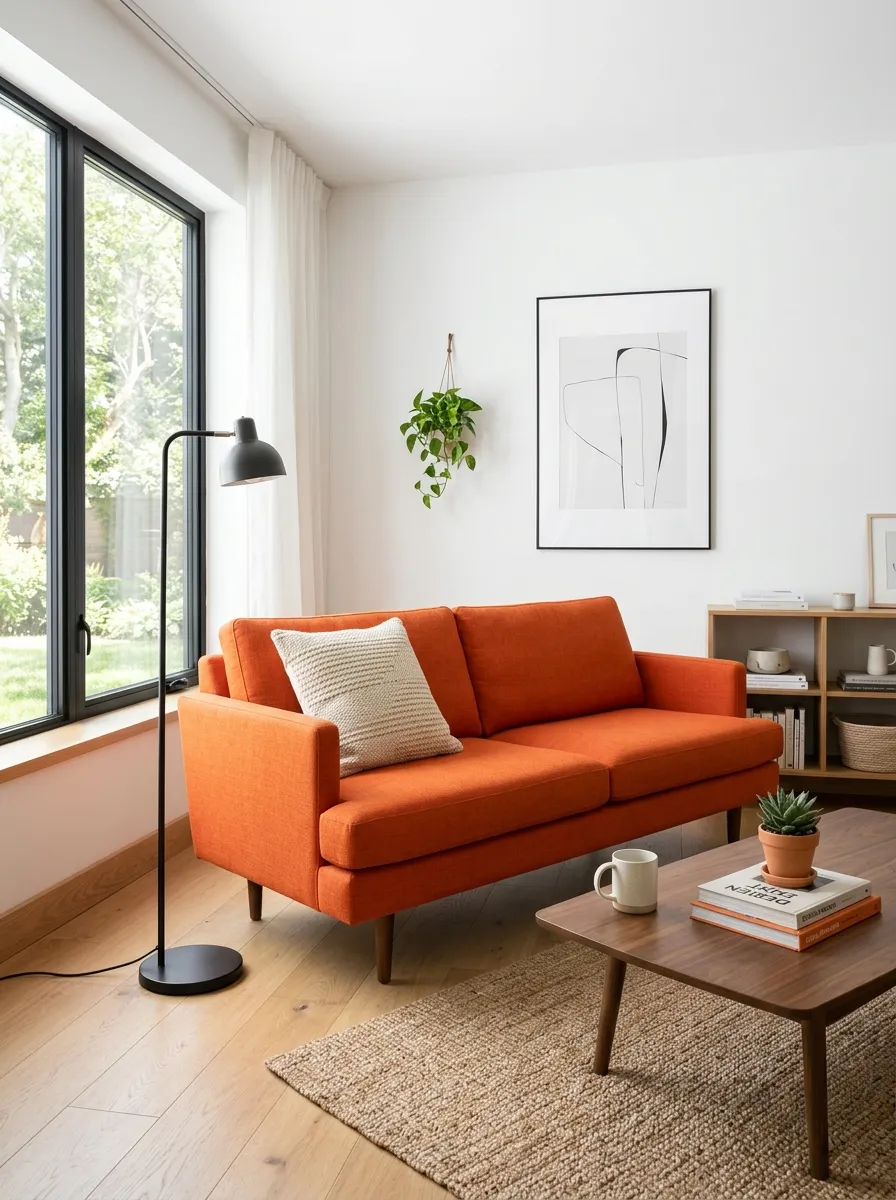 Real-life lifestyle photo of a bright minimalist living room with crisp white walls and a vibrant orange couch as the centerpiece, neatly arranged with one black floor lamp and a single textured cushion. Clean, organized, beautifully arranged interior, bright natural light flooding through a large window, vibrant pop of orange color, authentic stock photography, no people.