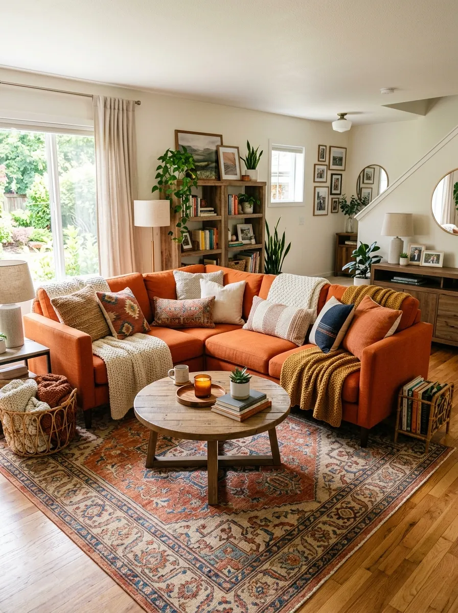 Real-life photograph of a cozy family living room with a large orange sectional sofa, neatly layered with chunky knit throw blankets and mixed-texture cushions, sitting atop a warm patterned area rug. Clean, organized, beautifully arranged home styling, bright natural light, vibrant orange tones, inviting authentic stock photo, no people.