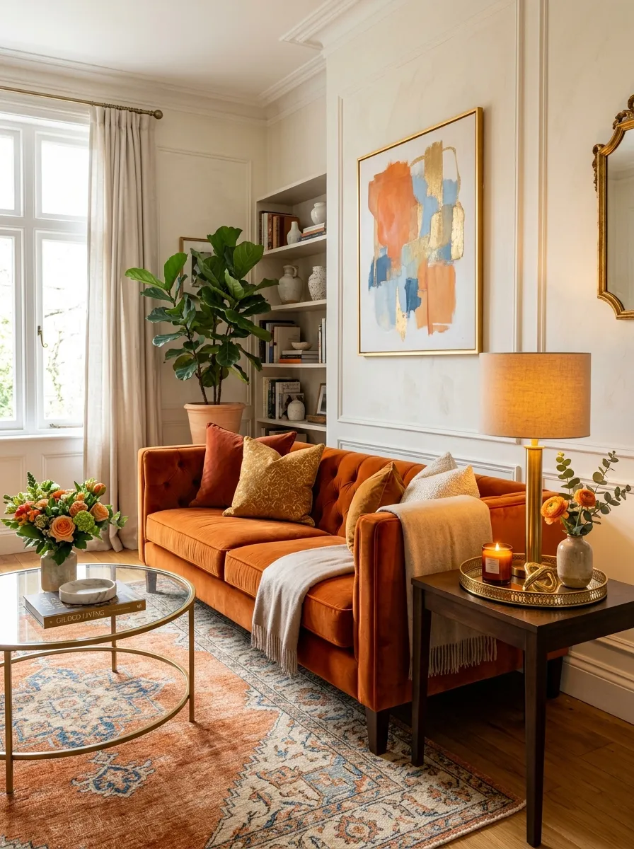 Real-life photograph of an elegant living room with a deep orange velvet sofa, neatly arranged brass table lamp, and gold-rimmed decorative tray on a nearby side table. Clean, organized, beautifully arranged glam styling, bright natural light mixed with warm lamp glow, vibrant rich orange tones, authentic stock photography, no people.