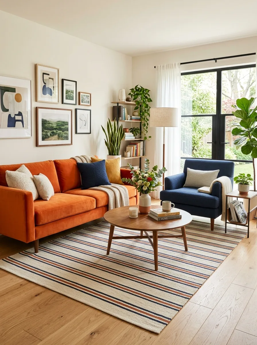 Real-life stock photo of a stylish living room featuring an orange couch beside a navy blue accent chair, with a neatly arranged striped area rug between them. Clean, organized, beautifully styled contrast, bright natural window light, vibrant bold color palette, authentic home photography, no people, high resolution.