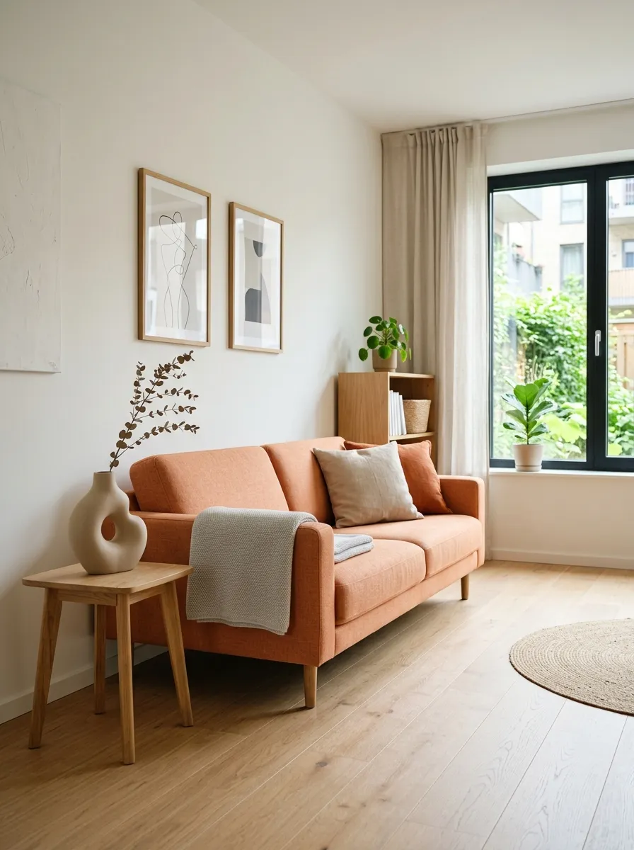 Real-life photograph of a minimalist Scandinavian living room with a light orange couch, light oak wood flooring, and one neatly arranged sculptural vase on a simple wooden side table. Clean, organized, beautifully arranged minimal styling, bright natural daylight, vibrant orange accent, authentic stock photography, no people.