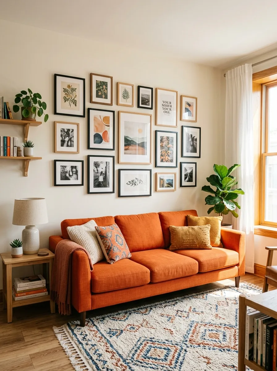 Real-life photograph of a living room with an orange couch positioned under a neatly arranged gallery wall of mixed black and wood picture frames. Clean, organized, beautifully styled art display, bright natural light, vibrant warm orange tones, authentic candid stock photography, no people, high detail.