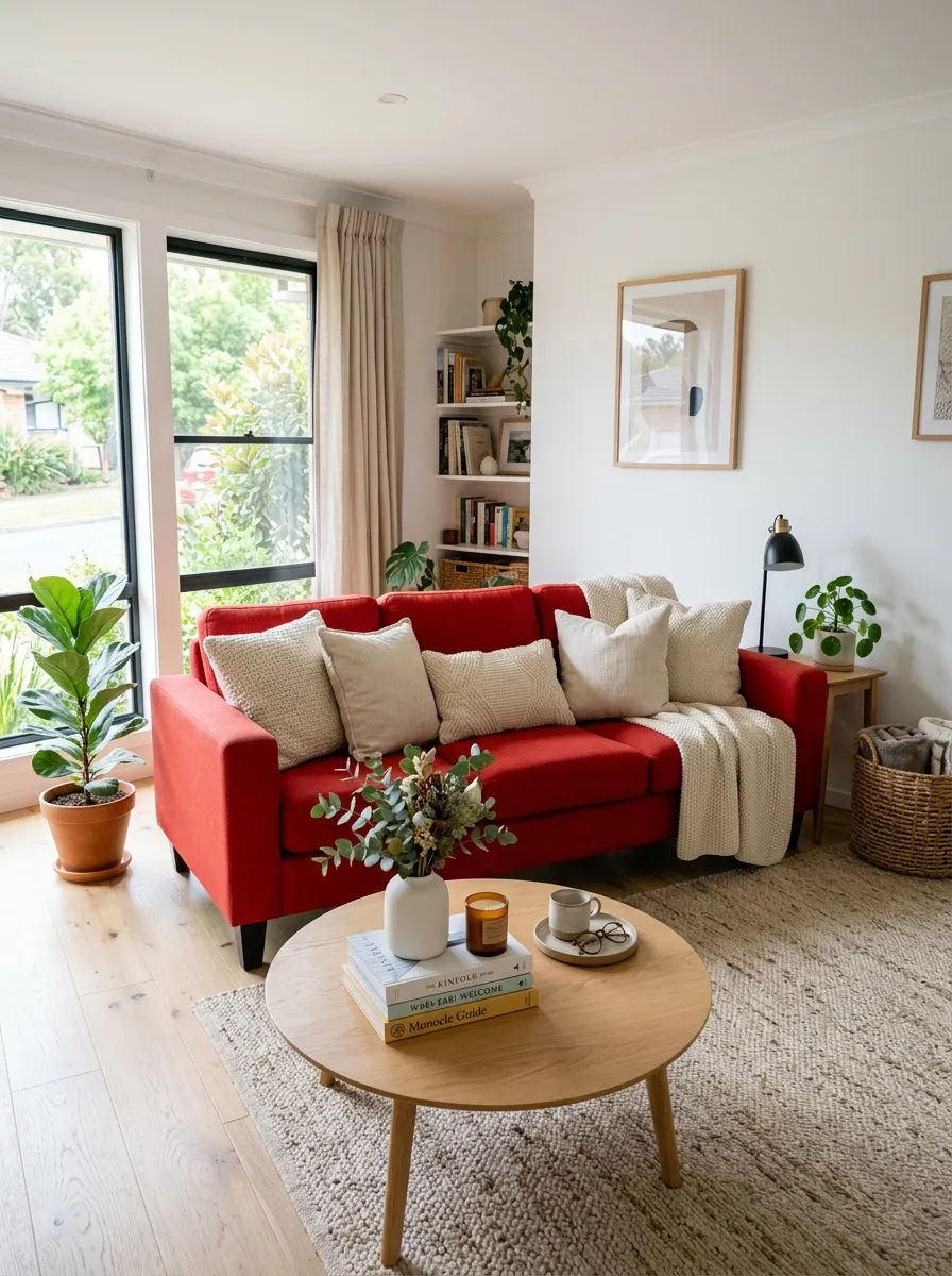 Image prompt: Real-life photography of a living room with a red couch against soft white walls, pale oak flooring, neatly arranged cream throw pillows, beautifully styled coffee table with a stack of books and a small vase, clean organized space, bright natural light through large windows, vibrant red tones popping against the neutral backdrop, real lifestyle interior photograph, not a 3D render, not an illustration, Pinterest-style home decor photo.