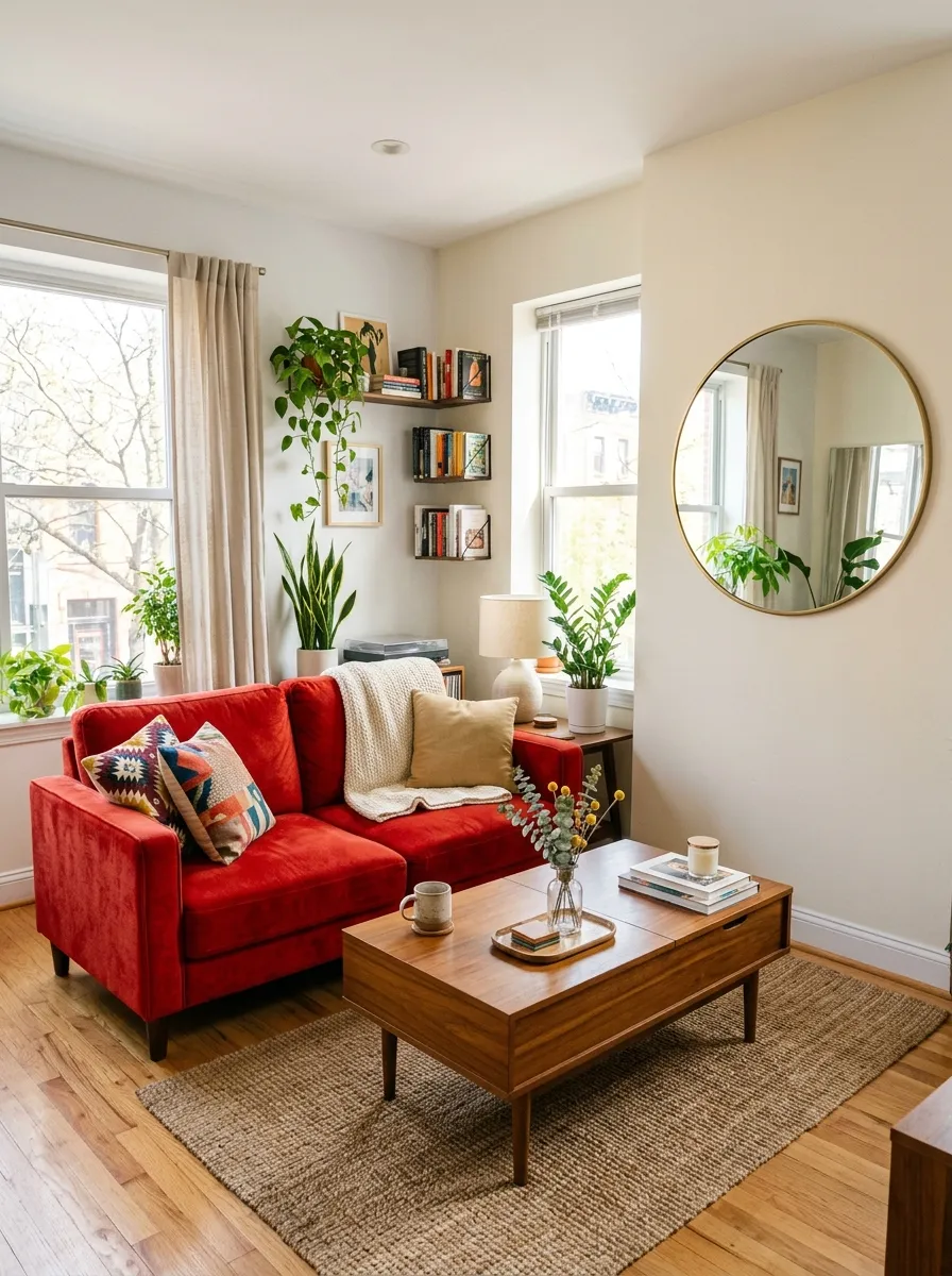 Image prompt: Real-life photography of a small apartment living room with a compact red couch, a large round mirror neatly hung on the wall across from it reflecting natural light, beautifully styled coffee table with hidden storage, clean organized compact layout, bright natural light filling the space, vibrant red couch standing out in a small room, real lifestyle interior photograph, not a 3D render, not an illustration, Pinterest-style small space inspiration photo.