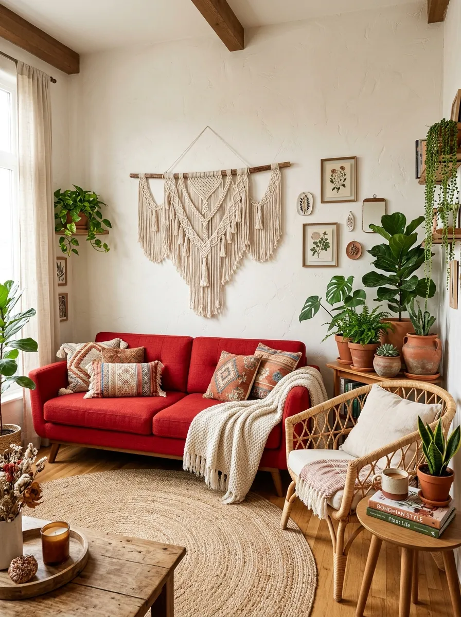 Image prompt: Real-life photography of a bohemian living room with a red couch, rattan accent chair beside it, macrame wall hanging neatly displayed above, jute rug on the floor, terracotta pots beautifully arranged in the corner, clean organized boho styling, bright natural light filling the room, vibrant red couch against earthy natural tones, real lifestyle interior photograph, not a 3D render, not an illustration, Pinterest-style bohemian decor photo.