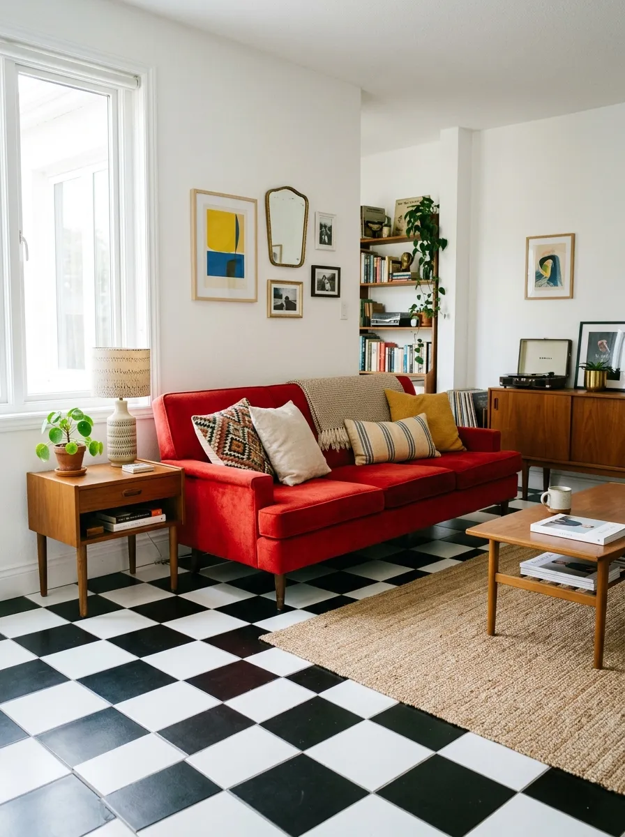 Image prompt: Real-life photography of a living room with a red couch standing on a black-and-white checkerboard floor, neatly arranged cushions on the sofa, beautifully styled simple white walls, clean organized retro composition, bright natural light streaming across the tiled floor, vibrant red couch popping against the graphic pattern, real lifestyle interior photograph, not a 3D render, not an illustration, Pinterest-style retro home photo.