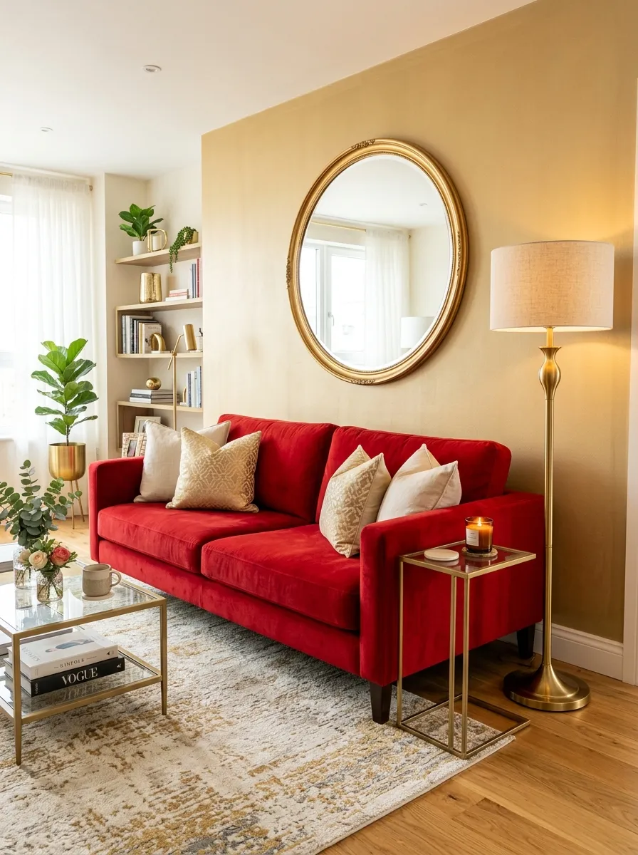 Image prompt: Real-life photography of an elegant living room with a red couch, brass floor lamp neatly placed beside it, gold-rimmed round mirror beautifully hung on the wall, metallic side table with a small candle, clean organized glam styling, bright natural light reflecting off the brass accents, vibrant red couch against warm gold tones, real lifestyle interior photograph, not a 3D render, not an illustration, Pinterest-style glam decor photo.