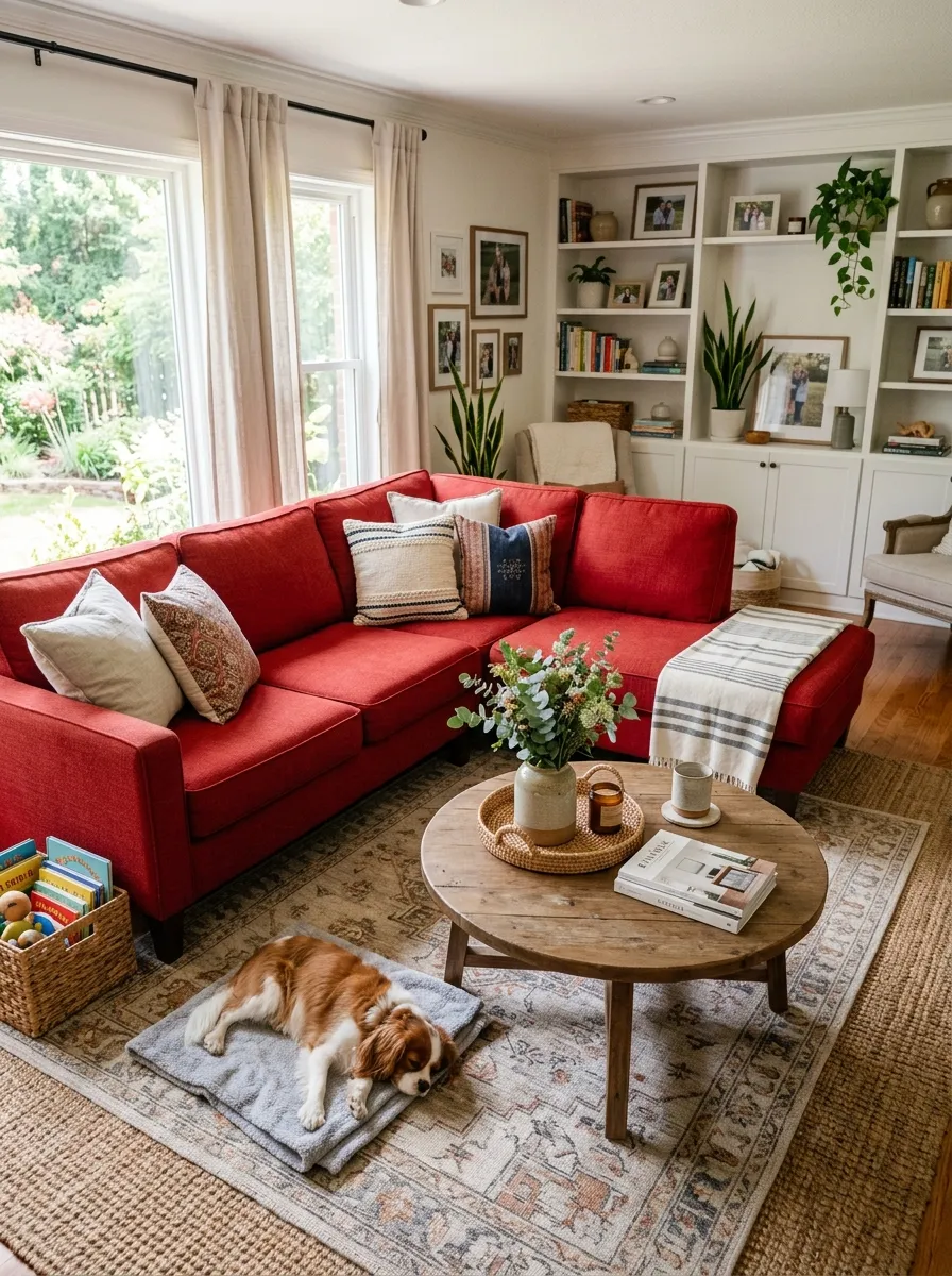 Image prompt: Real-life photography of a family-friendly living room with a red performance-fabric couch, neatly arranged washable throw pillows, a folded blanket draped over the arm, a small dog resting nearby, beautifully styled coffee table with a tray, clean organized family space, bright natural light filling the room, vibrant red couch looking rich and durable, real lifestyle interior photograph, not a 3D render, not an illustration, Pinterest-style family home photo.