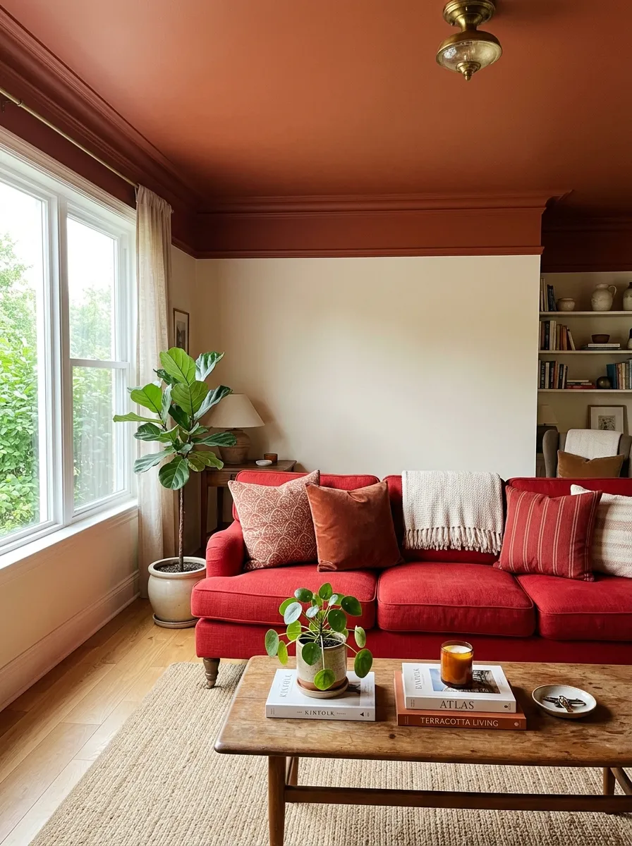 Image prompt: Real-life photography of a living room with a red couch beneath a color-drenched terracotta ceiling and matching trim, neatly arranged cushions on the sofa, beautifully styled coffee table with a small plant, clean organized enveloping color scheme, bright natural light filling the space, vibrant red couch harmonizing with the warm ceiling tone, real lifestyle interior photograph, not a 3D render, not an illustration, Pinterest-style color drenching photo.