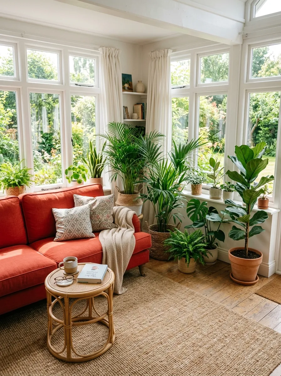 Image prompt: Real-life photography of a sunroom with a red couch surrounded by large windows, neatly arranged potted palms and greenery, a woven side table beautifully styled with a small book and cup, clean organized bright layout, bright natural light flooding the space, vibrant red couch against lush green plants, real lifestyle interior photograph, not a 3D render, not an illustration, Pinterest-style sunroom photo.