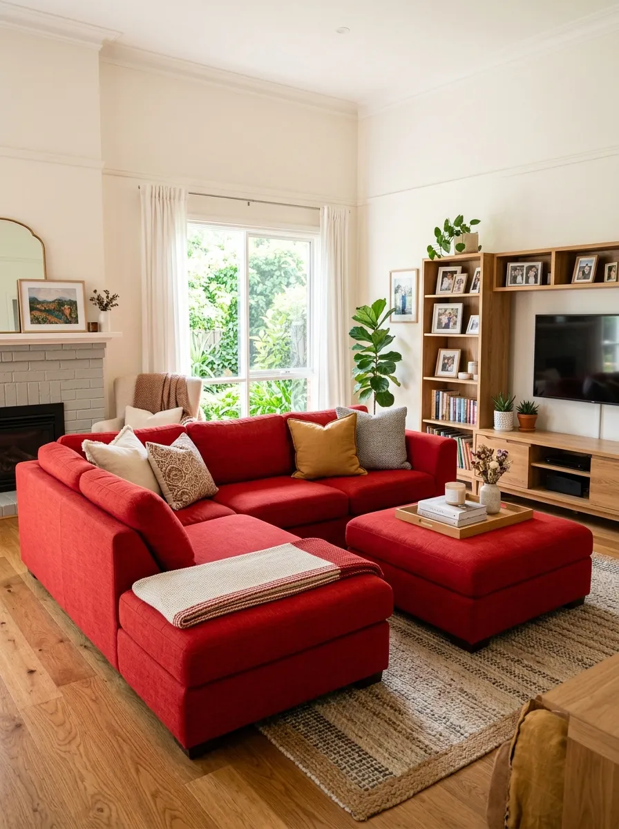 Image prompt: Real-life photography of a spacious living room with an oversized red sectional couch, large matching ottoman neatly placed in front, beautifully arranged throw pillows and a folded blanket, clean organized family layout, bright natural light filling the room, vibrant red sectional as the centerpiece, real lifestyle interior photograph, not a 3D render, not an illustration, Pinterest-style family living room photo.