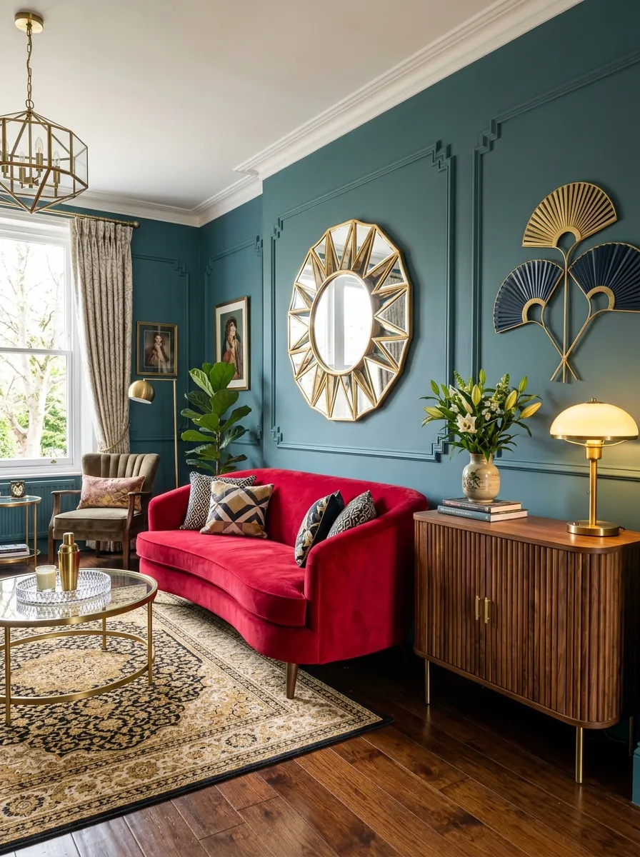 Image prompt: Real-life photography of an Art Deco living room with a red couch, geometric mirror neatly hung on the wall, fluted wooden console table with gold hardware, fan-shaped wall art beautifully arranged nearby, clean organized retro glam styling, bright natural light reflecting off gold accents, vibrant red couch against elegant geometric decor, real lifestyle interior photograph, not a 3D render, not an illustration, Pinterest-style Art Deco photo.