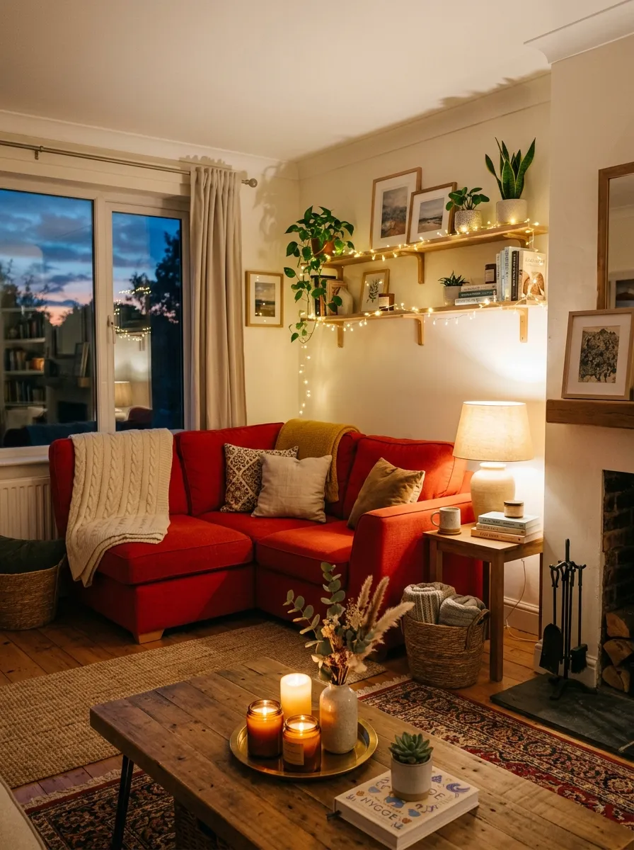 Image prompt: Real-life photography of a cozy living room at dusk with a red couch, warm table lamp neatly placed on a side table, string lights softly glowing along a shelf, lit candles beautifully arranged on the coffee table, clean organized ambient setup, warm bright natural light fading into soft lamp glow, vibrant red couch under warm lighting, real lifestyle interior photograph, not a 3D render, not an illustration, Pinterest-style cozy evening photo.