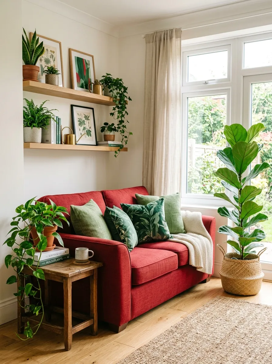 Image prompt: Real-life photography of a cozy living room with a red couch, tall fiddle leaf fig plant in a woven basket beside it, small potted pothos trailing from a wooden side table, neatly arranged green cushions, beautifully styled shelf with plants, clean organized layout, bright natural light streaming through a window, vibrant green and red tones together, real lifestyle interior photograph, not a 3D render, not an illustration, Pinterest-inspired photo.