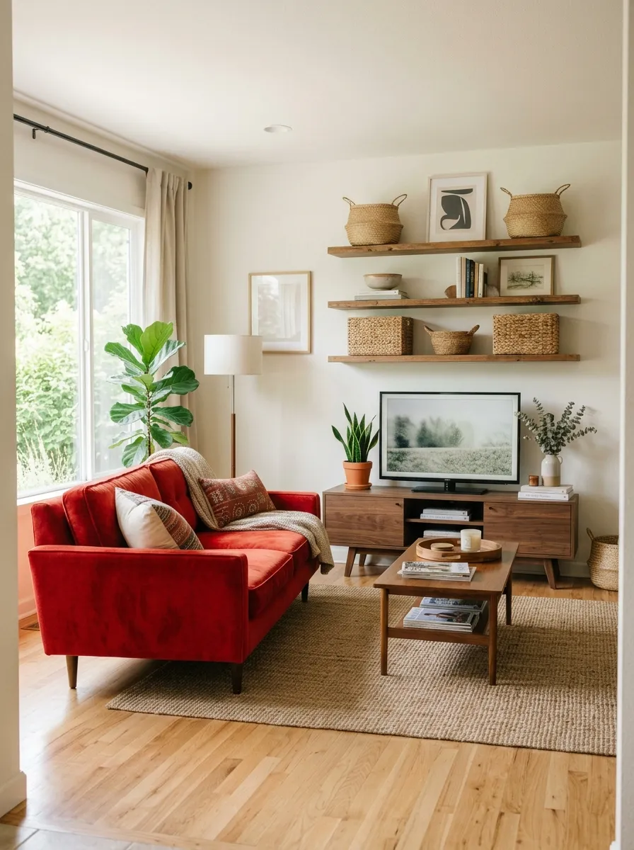 Image prompt: Real-life photography of a living room with a red couch facing a low wooden media console, neatly arranged decorative baskets on open shelving, beautifully styled TV area with a small plant beside it, clean organized entertainment corner, bright natural light filling the room, vibrant red couch as the focal point, real lifestyle interior photograph, not a 3D render, not an illustration, Pinterest-style media room photo.