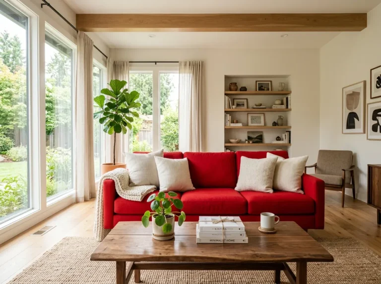 Real-life photography of a stylish living room with a bold red couch as the centerpiece, neatly arranged cream throw pillows and a folded knit blanket, beautifully styled wooden coffee table with a small plant and stack of books, clean and organized space, bright natural light streaming through large windows, vibrant red tones popping against soft neutral walls, shot as a real lifestyle interior photograph, not a 3D render, not an illustration, wide-angle Pinterest-style cover photo.
