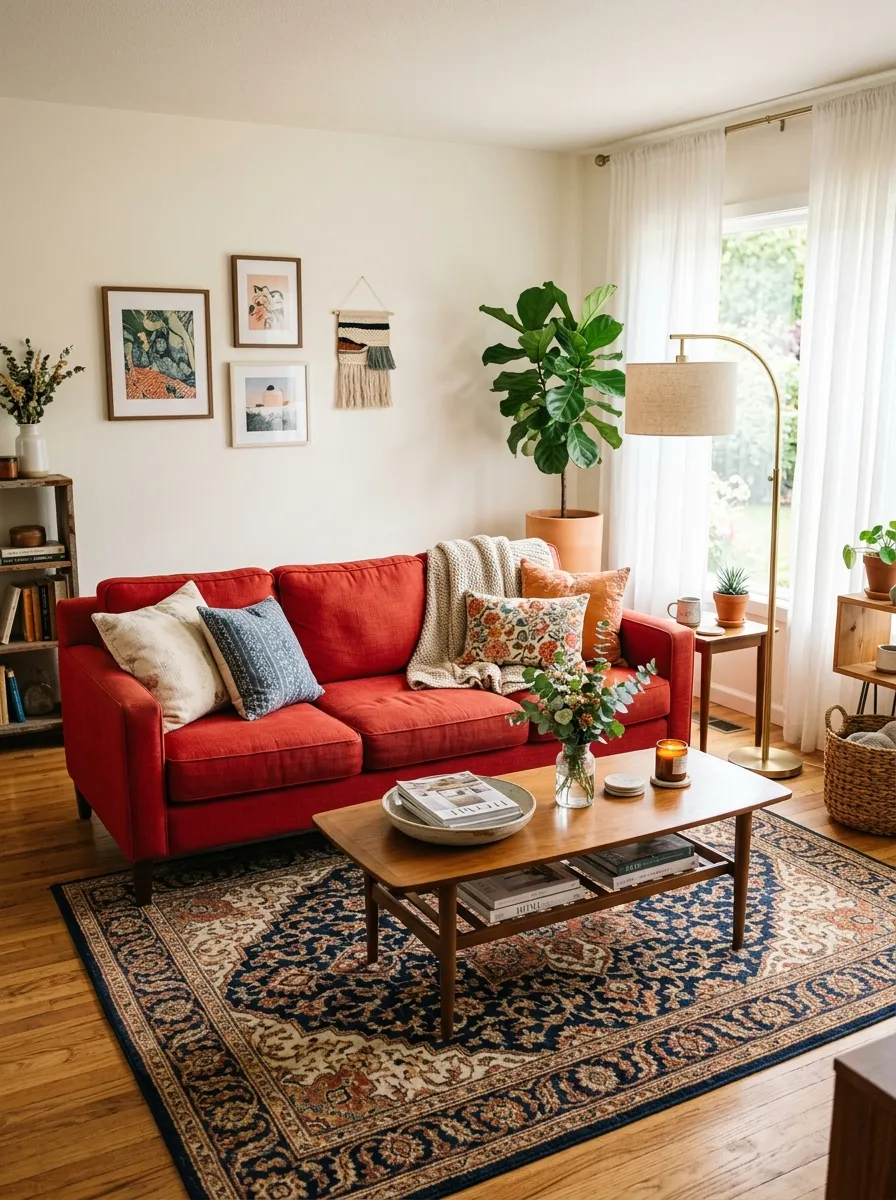 Image prompt: Real-life photography of a living room featuring a red couch on top of a vintage Persian-style rug in navy and cream tones, neatly arranged wooden coffee table with a ceramic bowl, beautifully styled floor lamp beside the sofa, clean organized composition, bright natural light coming through sheer curtains, vibrant red and warm rug tones, real lifestyle interior photograph, not a 3D render, not an illustration, Pinterest-style home photography.
