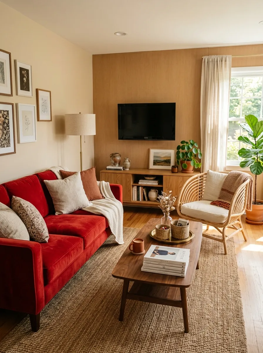 Image prompt: Real-life photography of a warm living room with a red couch beside a walnut wood coffee table and a rattan accent chair, neatly arranged woven baskets and a stack of magazines on the table, beautifully styled oak media console in the background, clean organized space, bright natural light filling the room, vibrant red couch against warm wood tones, real lifestyle interior photograph, not a 3D render, not an illustration, Pinterest-worthy interior photo.
