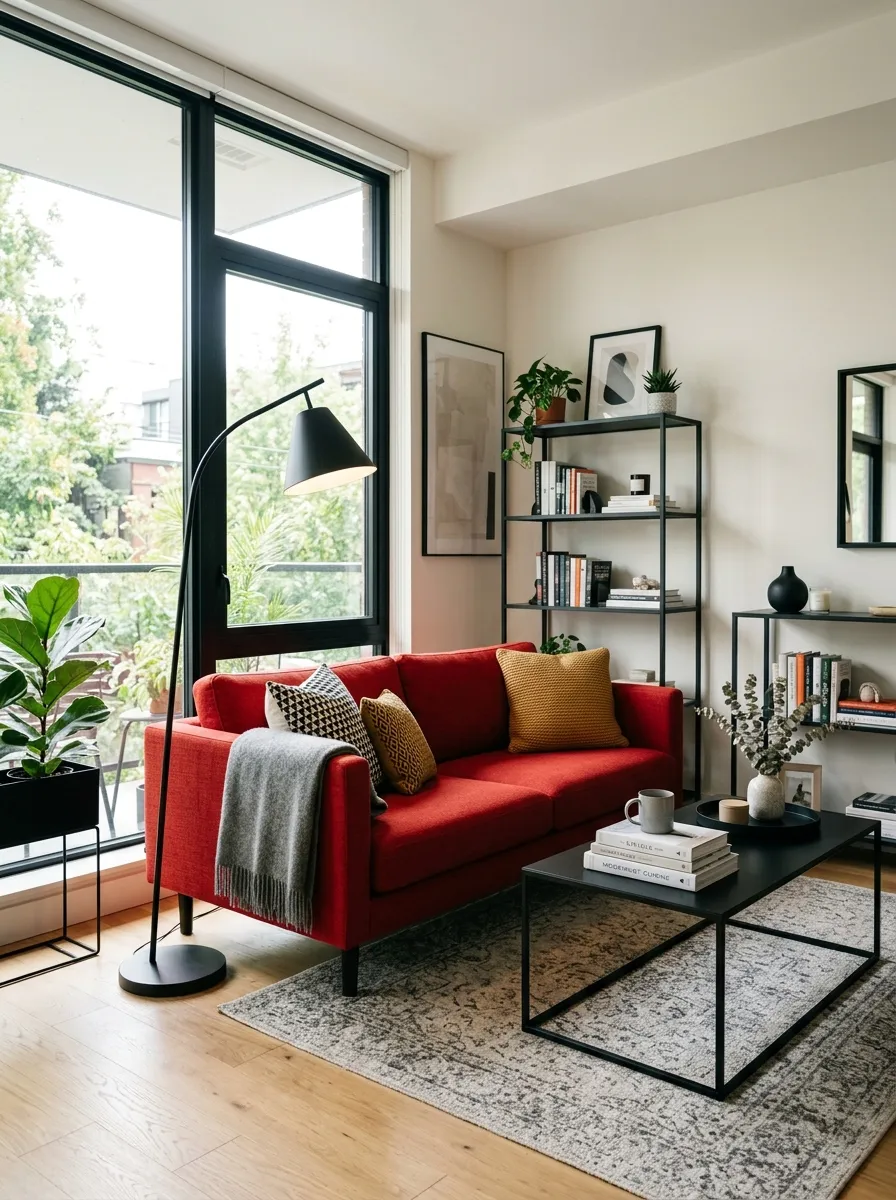 Image prompt: Real-life photography of a modern living room with a red couch, black metal-framed coffee table, matte black floor lamp beside the sofa, slim black metal shelving unit neatly styled with books and small decor objects, clean organized layout, bright natural light pouring through large windows, vibrant red couch contrasted against black accents, real lifestyle interior photograph, not a 3D render, not an illustration, Pinterest-style modern home photo.