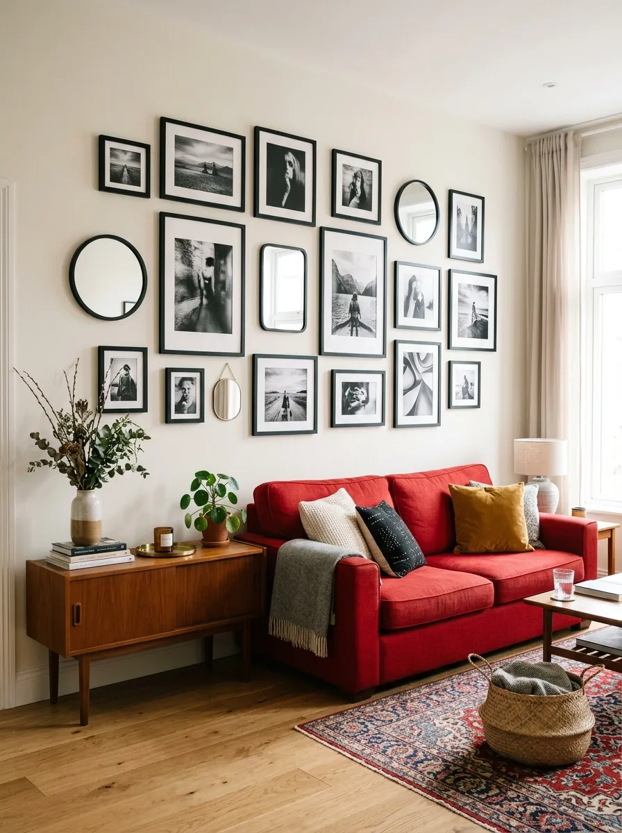 Image prompt: Real-life photography of a living room with a red couch, gallery wall of framed black-and-white photos and mirrors neatly arranged above the sofa in matching black frames, beautifully styled console table below, clean organized wall composition, bright natural light filling the room, vibrant red couch popping against a neutral wall, real lifestyle interior photograph, not a 3D render, not an illustration, Pinterest-style gallery wall inspiration photo.