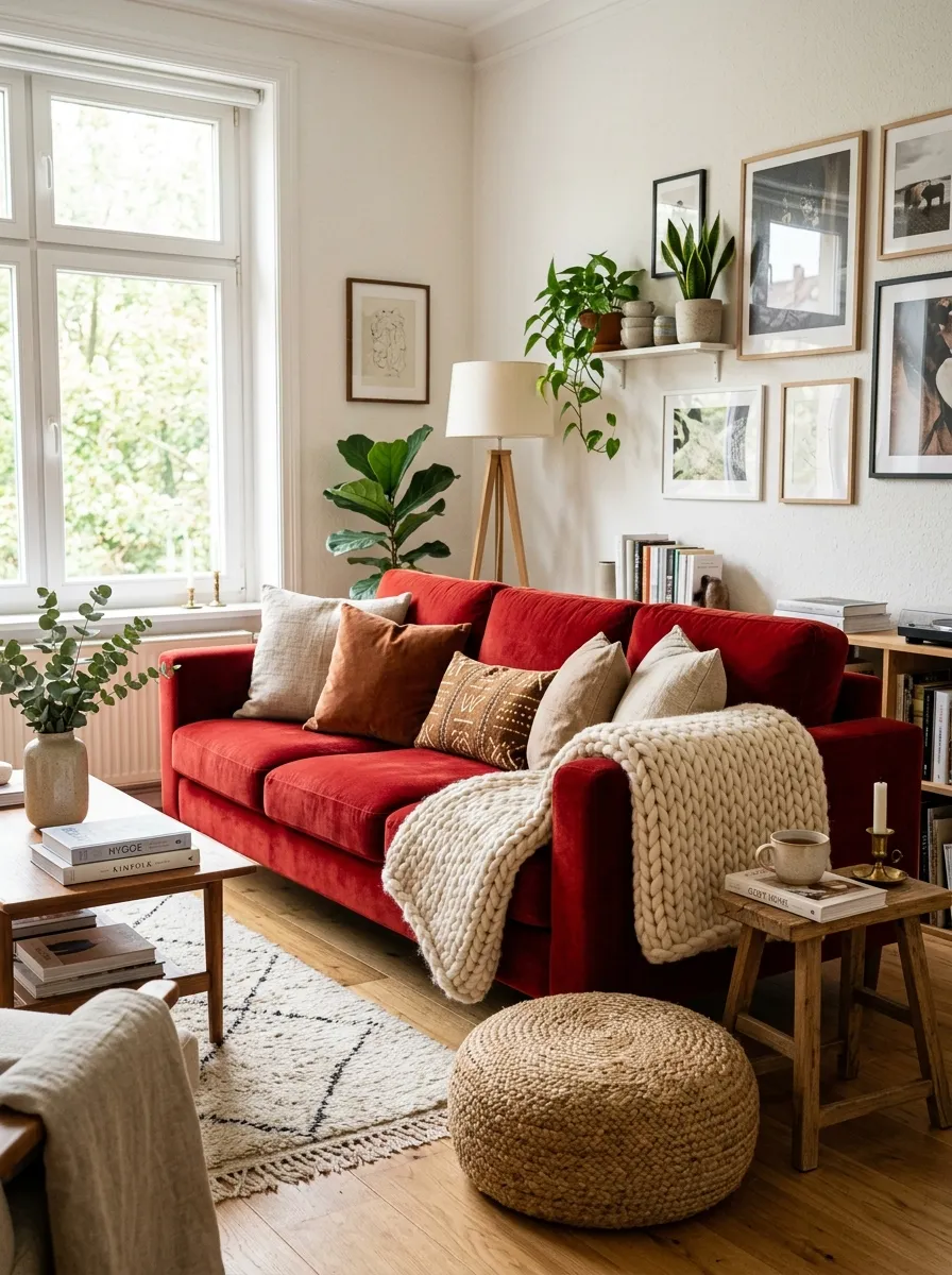 Image prompt: Real-life photography of a cozy living room with a velvet red couch, neatly arranged chunky knit throw blanket draped over the arm, linen textured cushions and a woven pouf beside it, beautifully styled layering of textures, clean organized space, bright natural light streaming through a window, vibrant red velvet catching soft light, real lifestyle interior photograph, not a 3D render, not an illustration, Pinterest-inspired cozy home photo.