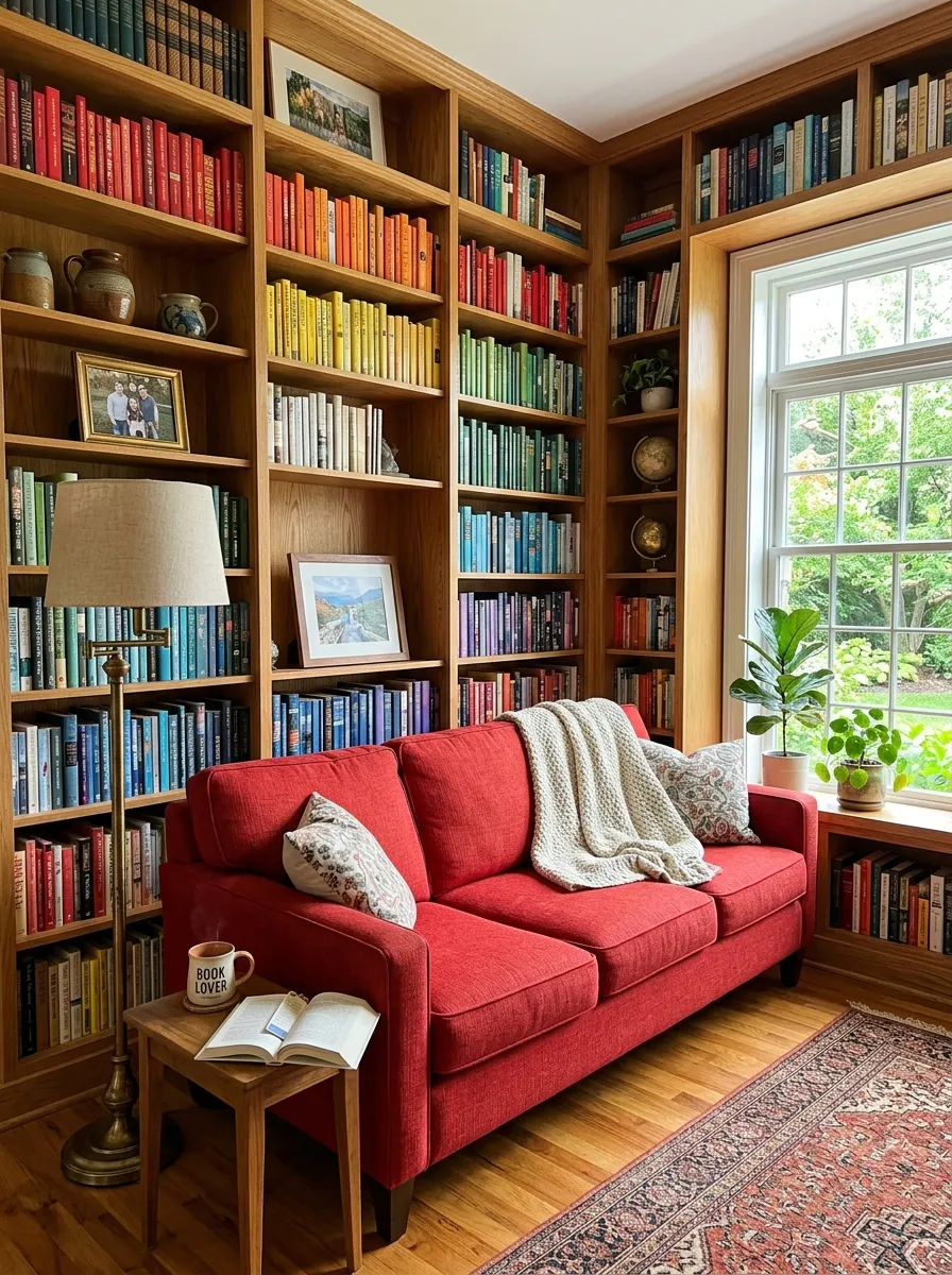 Image prompt: Real-life photography of a living room with a red couch flanked by built-in wooden shelving, books neatly arranged by color, a few framed photos beautifully styled on the shelves, a floor lamp beside the sofa, clean organized reading nook, bright natural light coming through a nearby window, vibrant red couch against warm wood shelving, real lifestyle interior photograph, not a 3D render, not an illustration, Pinterest-style home library photo.